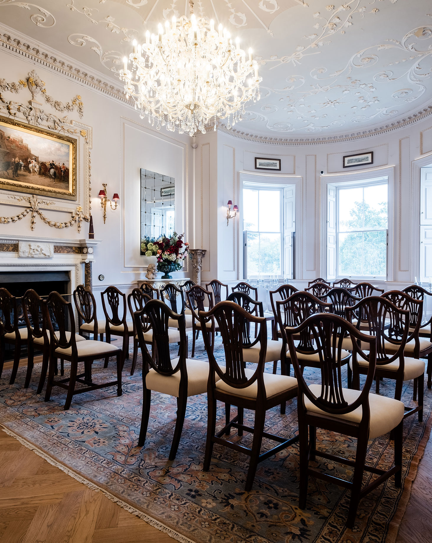 The King Edward Ballroom at Hotham Hall with its bay window and chandelier